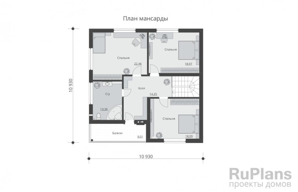 Планировка Одноэтажный дом с мансардой. Rg5347