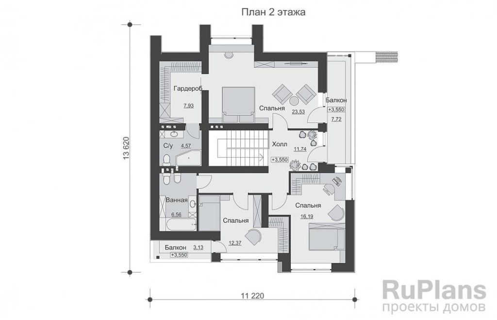 Планировка Двухэтажный дом с террасой, кабинетом и просторной гостиной Rg6548