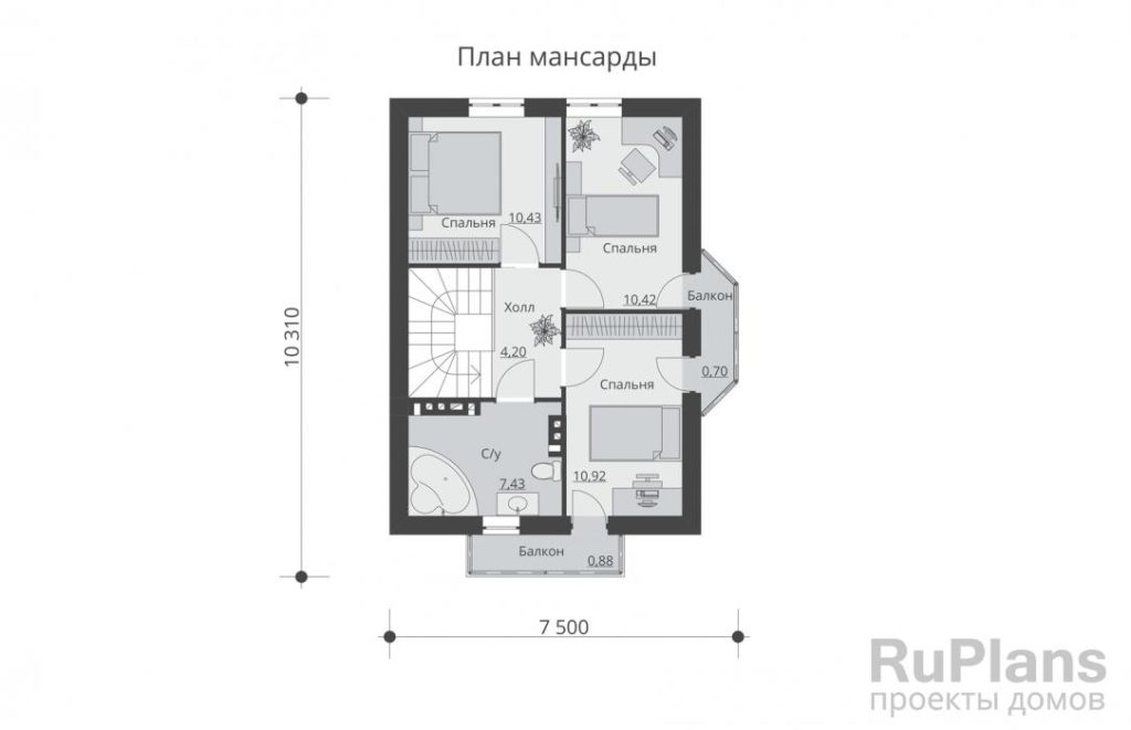 Планировка Одноэтажный дом с мансардой. Rg5340