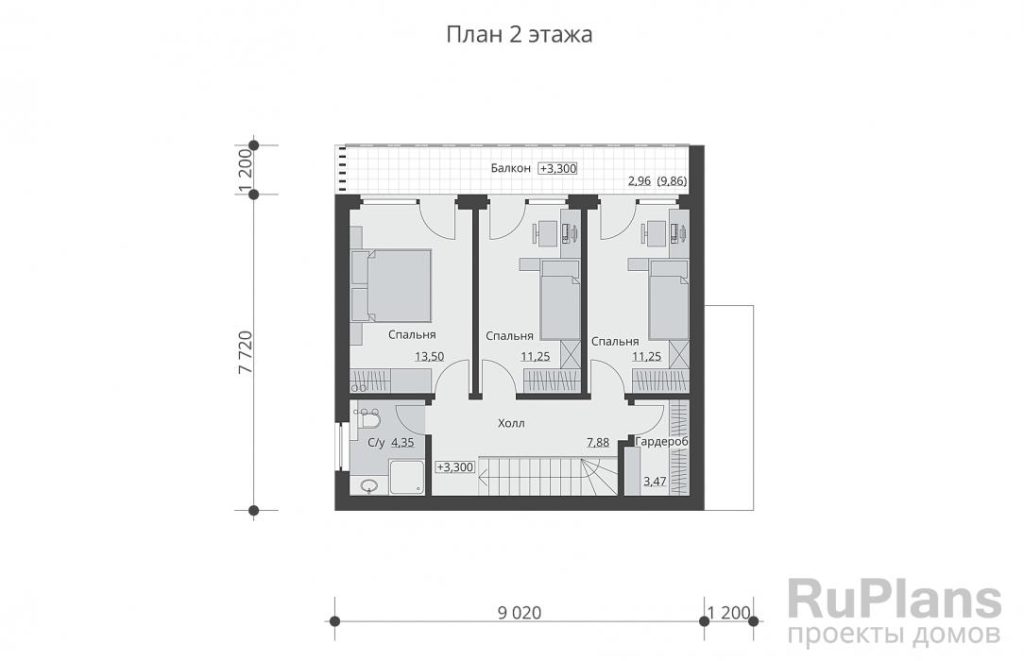 Планировка Двухэтажный дом с террасой, балконом и  тремя спальнями Rg6330