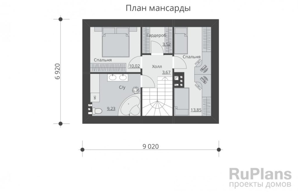 Планировка Проект индивидуального одноэтажного жилого дома с мансардой. Rg5366