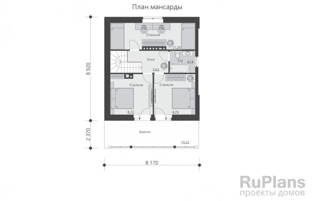 Планировка Проект индивидуального одноэтажного жилого дома с подвалом и мансардой. Rg5365