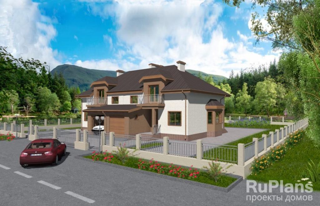 Дом с мансардой, гаражом, террасой и балконами Rg3208