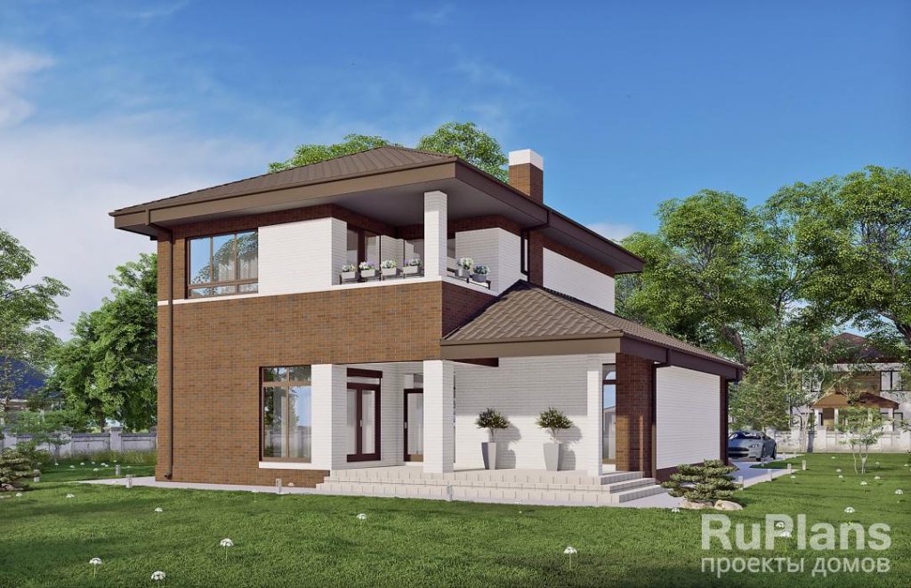 Двухэтажный дом с террасой, гаражом и облицовкой кирпичом Rg6245