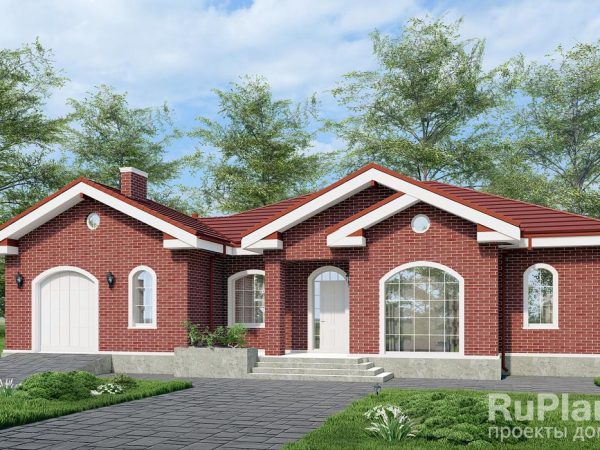 Одноэтажный дом с террасой, гаражом и отделкой красным облицовочным кирпичом Rg6480