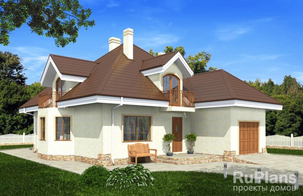 Дом с мансардой, гаражом, эркером, террасой и балконами Rg3331