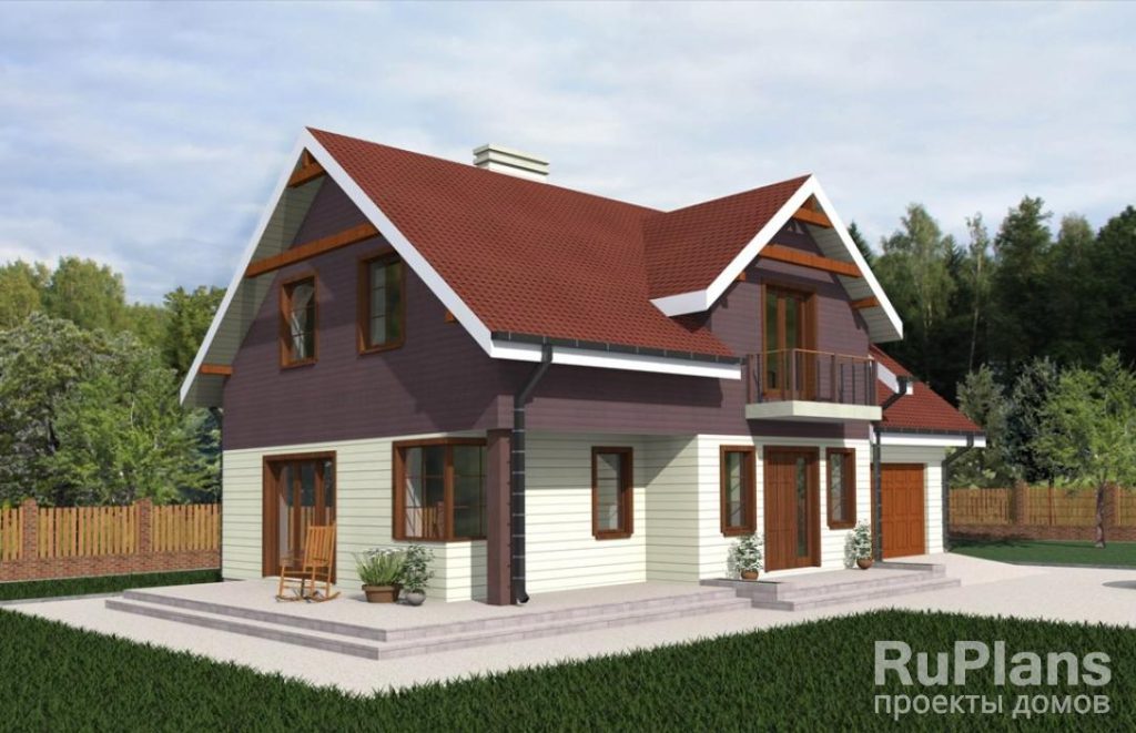 Проект компактного одноэтажного коттеджа с мансардой и гаражом Rg3430