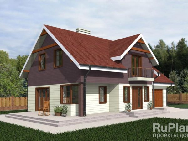 Проект компактного одноэтажного коттеджа с мансардой и гаражом Rg3430