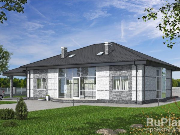 Одноэтажный дом с террасой, эркером и навесом для автомобиля Rg5856