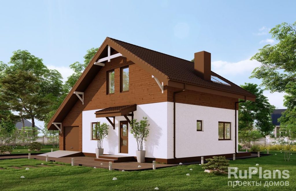 Одноэтажный дом с мансардой, гаражом и отделкой штукатуркой и планкеном. Rg6227 — фото 4