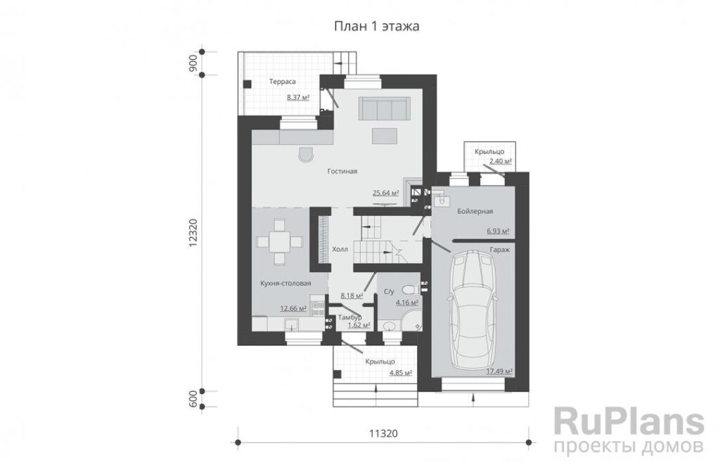 Планировка Одноэтажный дом с мансардой, гаражом, террасой и балконом Rg5176