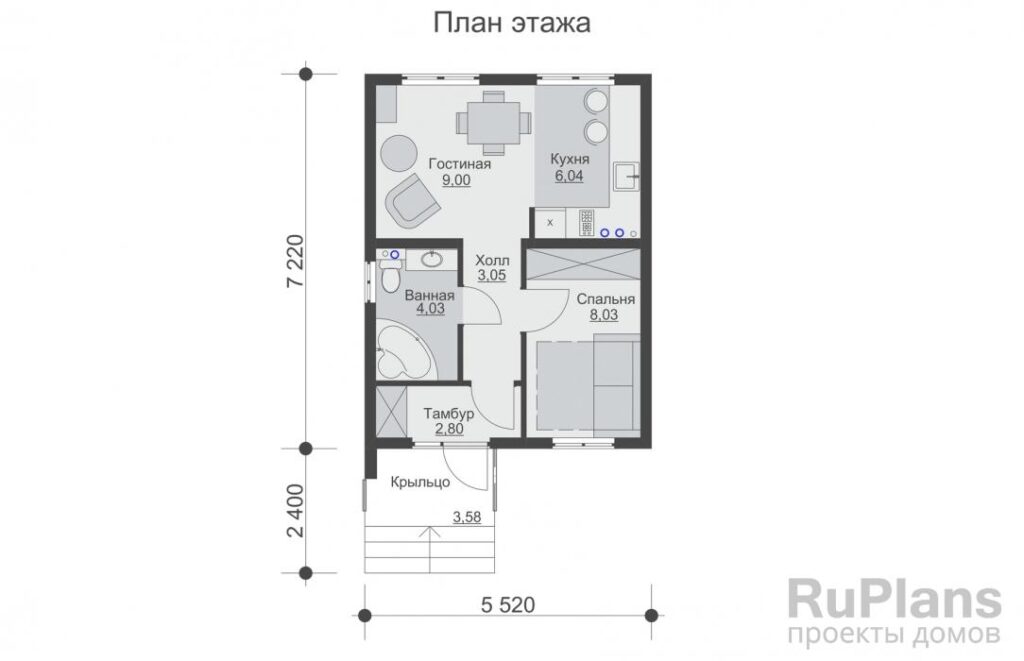 Планировка Одноэтажный дом с кухней-гостиной Rg6532