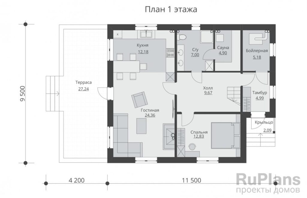 Планировка Проект одноэтажного жилого дома с мансардой Rg5130