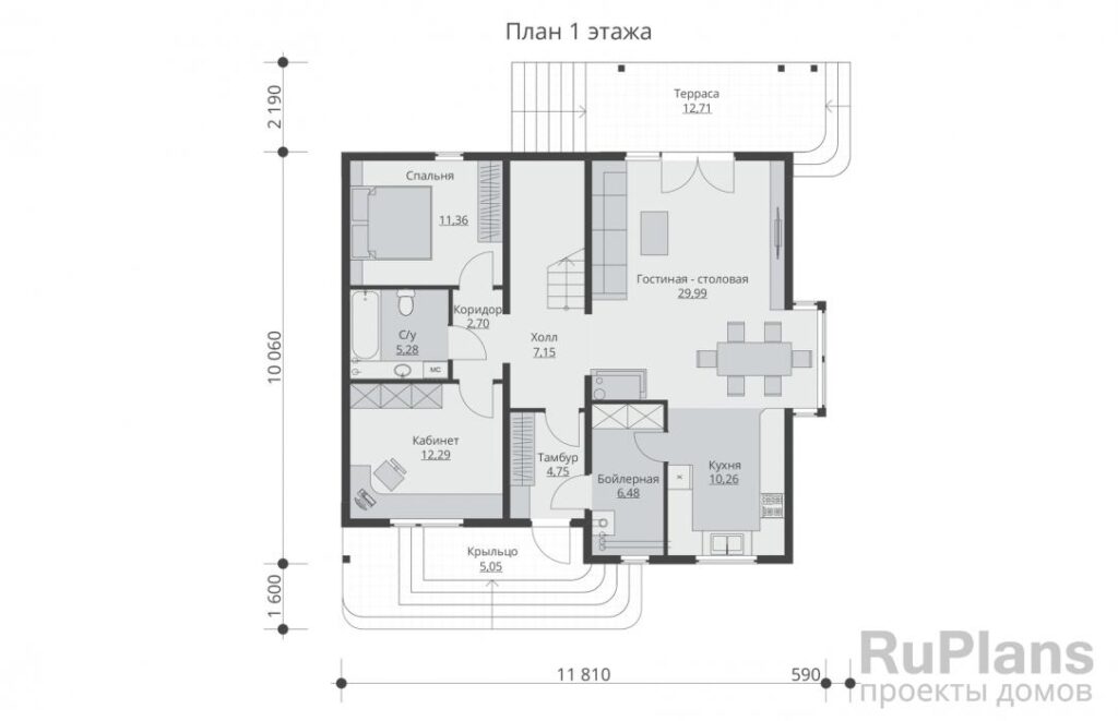 Планировка Одноэтажный дом с мансардой и террасой Rg5294