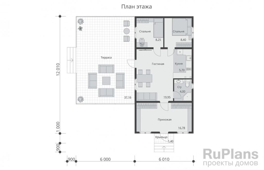 Планировка Одноэтажный дом с просторной террасой и двумя спальнями Rg6196