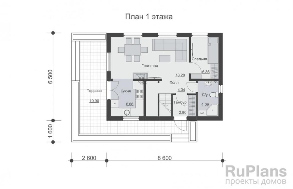 Планировка Одноэтажный дом с мансардой и террасой Rg5021