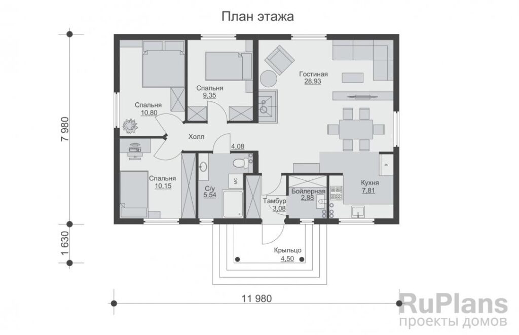Планировка Одноэтажный дом с тремя спальнями и кухней-гостиной Rg6386