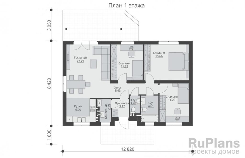 Планировка Проект одноэтажного дома для узкого участка Rg3349
