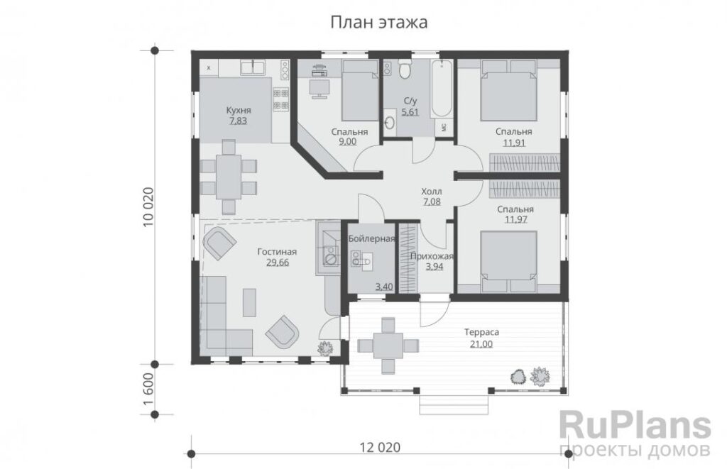 Планировка Одноэтажный дом с террасой и высоким потолком над гостиной Rg5752
