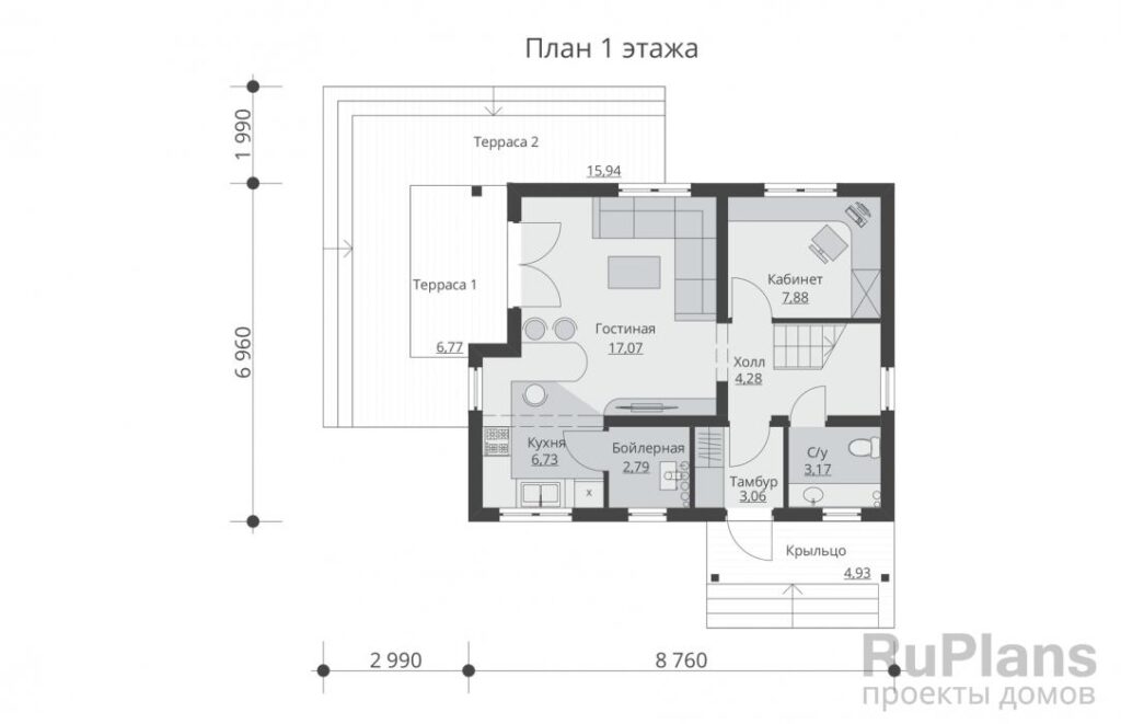Планировка Одноэтажный дом с мансардой и террасой Rg5326