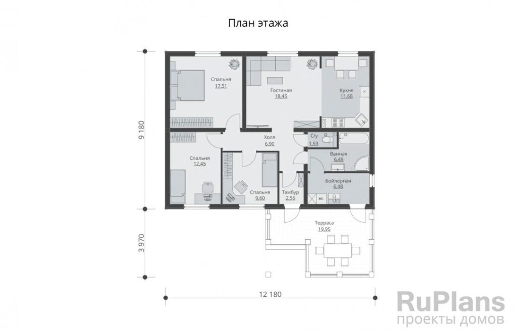 Планировка Одноэтажный дом с террасой и тремя спальнями Rg6131