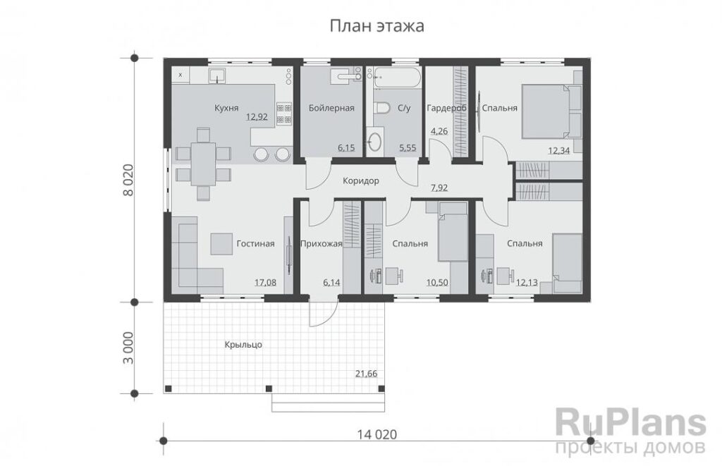 Планировка Одноэтажный каркасный дом с тремя спальнями Rg6263