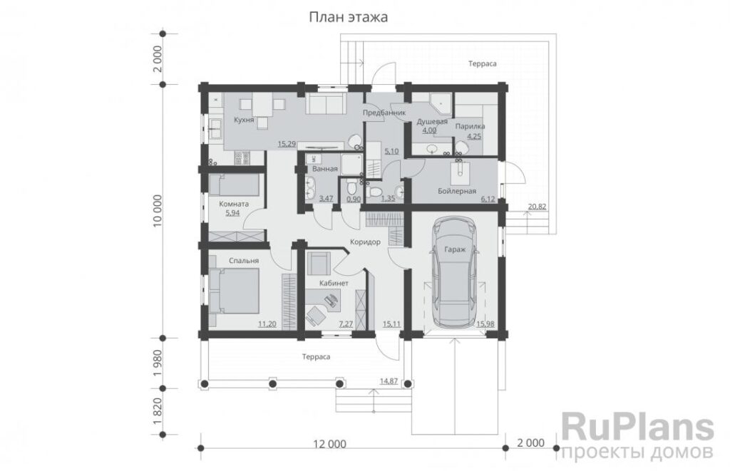 Планировка Проект деревянного дома с террасами и гаражом Rg5131