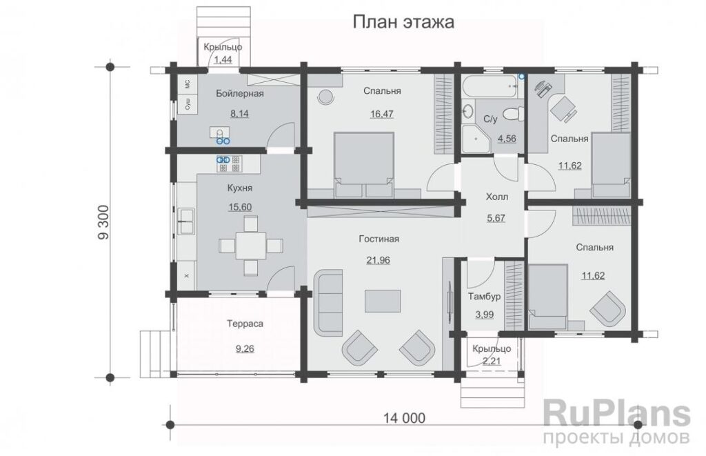 Планировка Одноэтажный дом с террасой, тремя спальнями. Rg5962