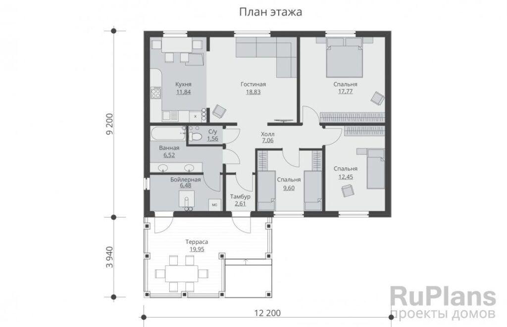 Планировка Одноэтажный дом с подвалом и террасой Rg5168