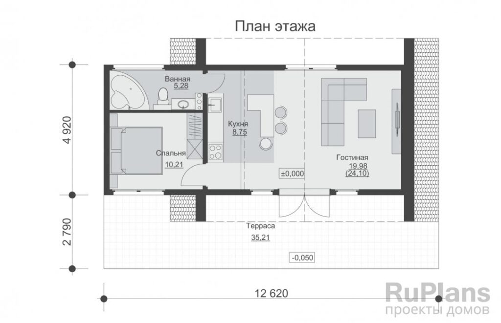 Планировка Одноэтажный дом с просторной гостиной и террасой Rg6370