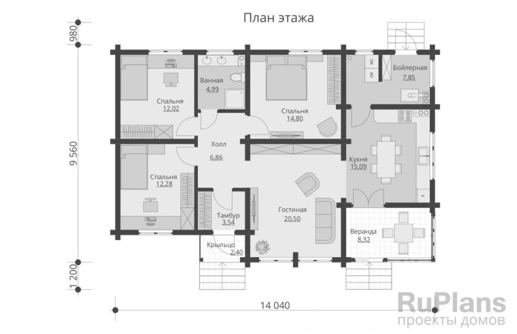 Планировка Одноэтажный дом с верандой Rg5725