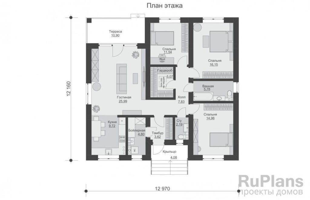 Планировка Одноэтажный дом с кухней-гостиной и тремя спальнями Rg6630