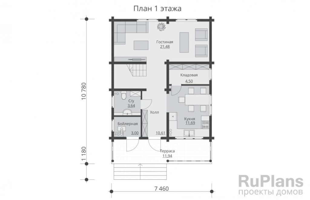 Планировка Одноэтажный дом с мансардой, террасой и балконом Rg5461