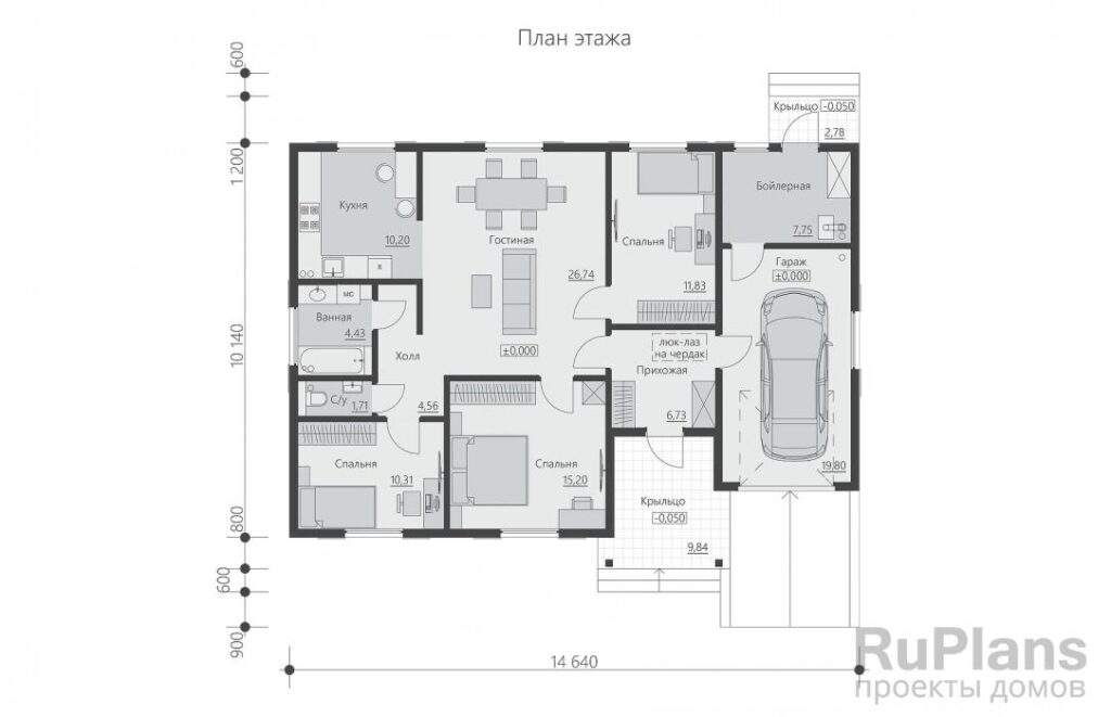 Планировка Одноэтажный дом из бруса, с гаражом и тремя спальнями Rg6114