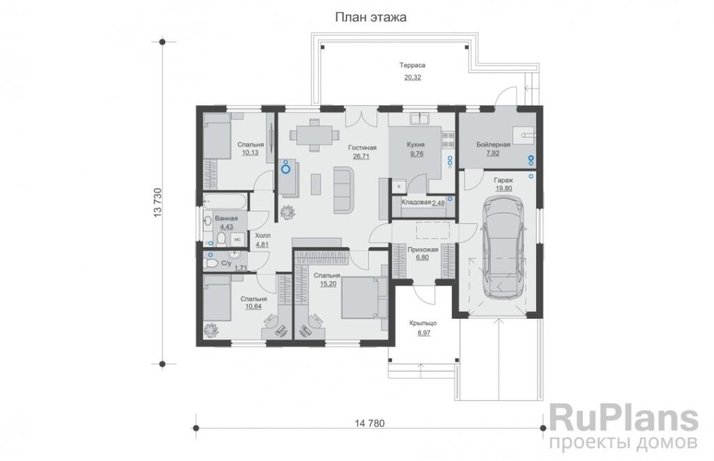 Планировка Проект одноэтажного дома с гаражом и террасой Rg5632