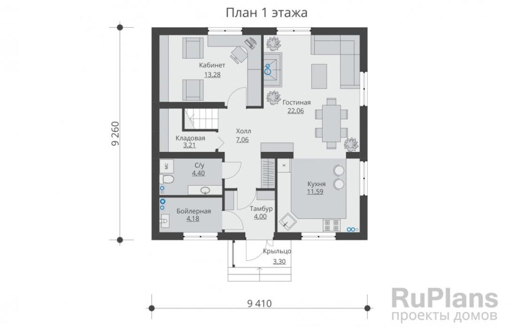 Планировка Проект одноэтажного жилого дома с мансардой Rg5534
