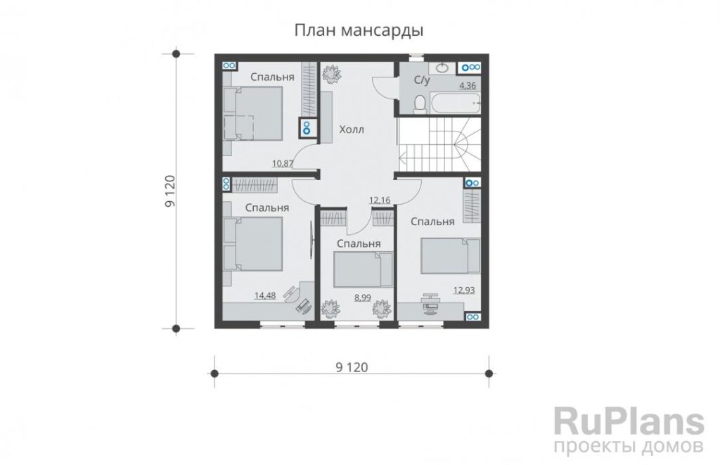 Планировка Одноэтажный жилой дом с мансардой. Rg5436