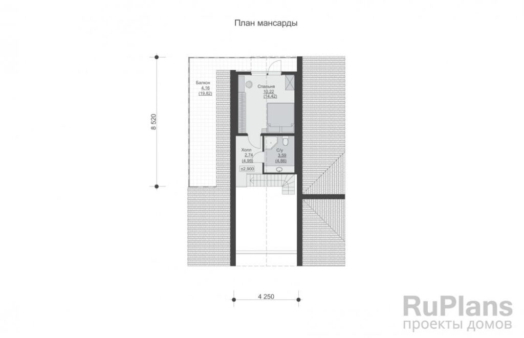 Планировка Одноэтажный дом с мансардой, террасой и балконом Rg6397