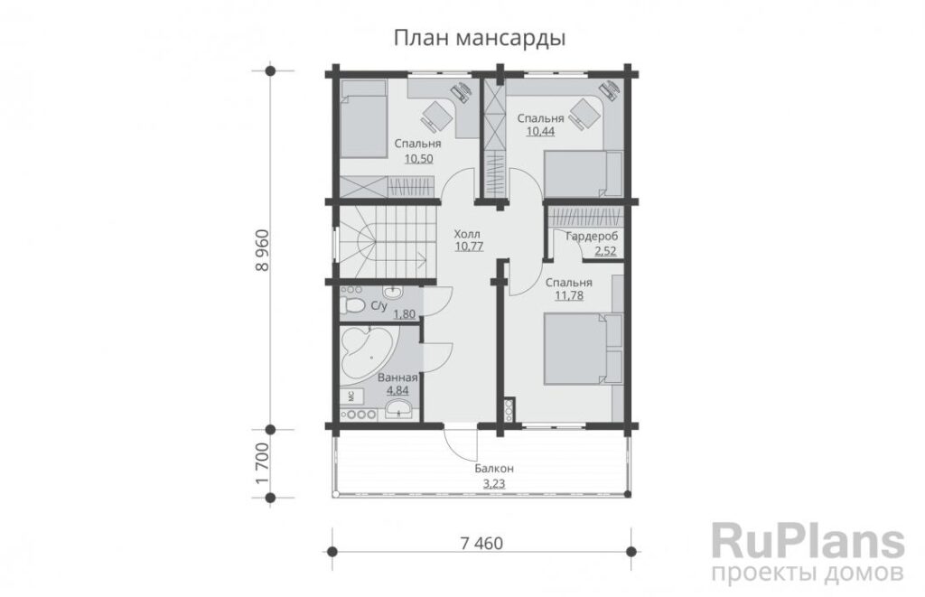 Планировка Одноэтажный дом с мансардой, террасой и балконом Rg5461