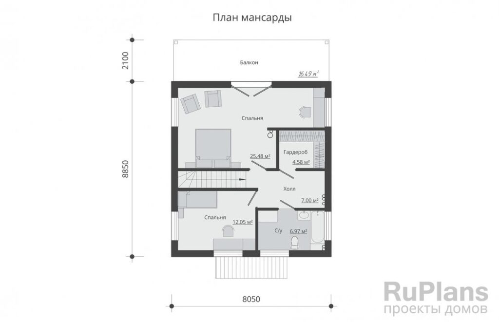 Планировка Одноэтажный дом с мансардой, террасой и балконом Rg5224