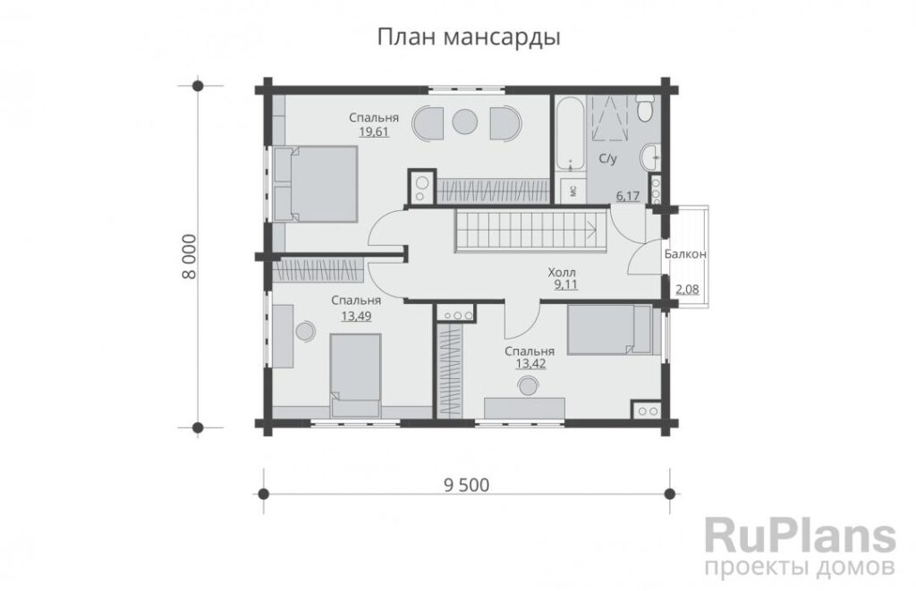 Планировка Одноэтажный дом с мансардой и и балконом Rg5345