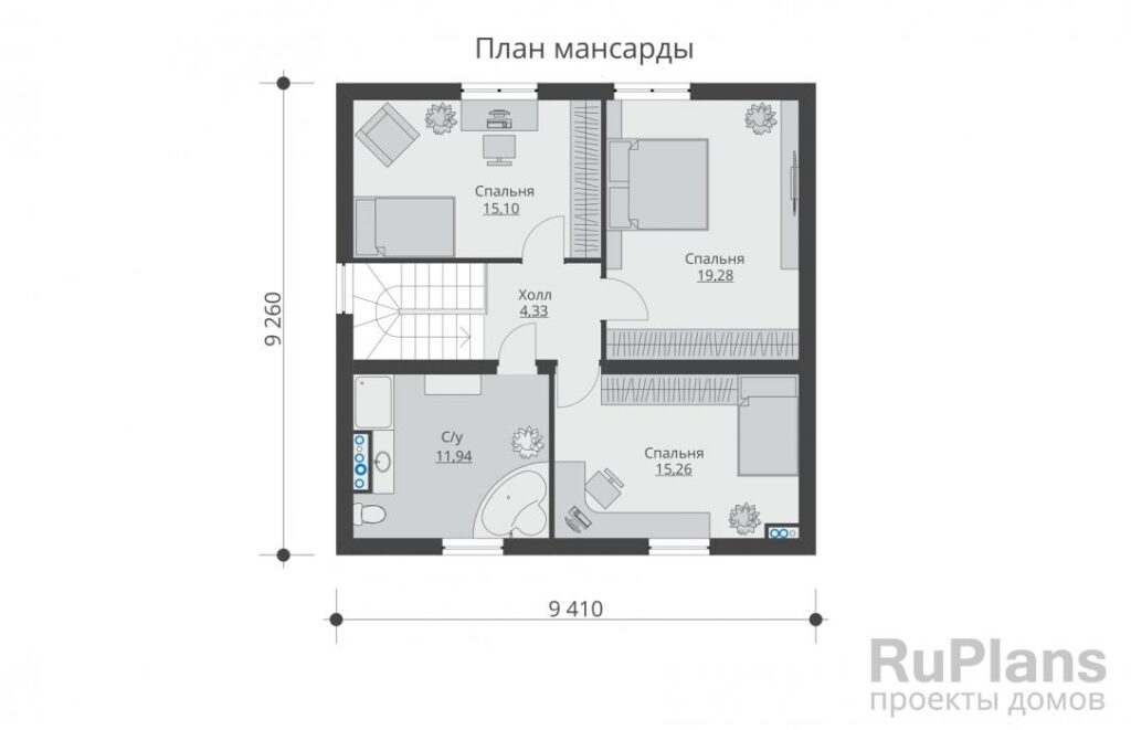 Планировка Проект одноэтажного жилого дома с мансардой Rg5534