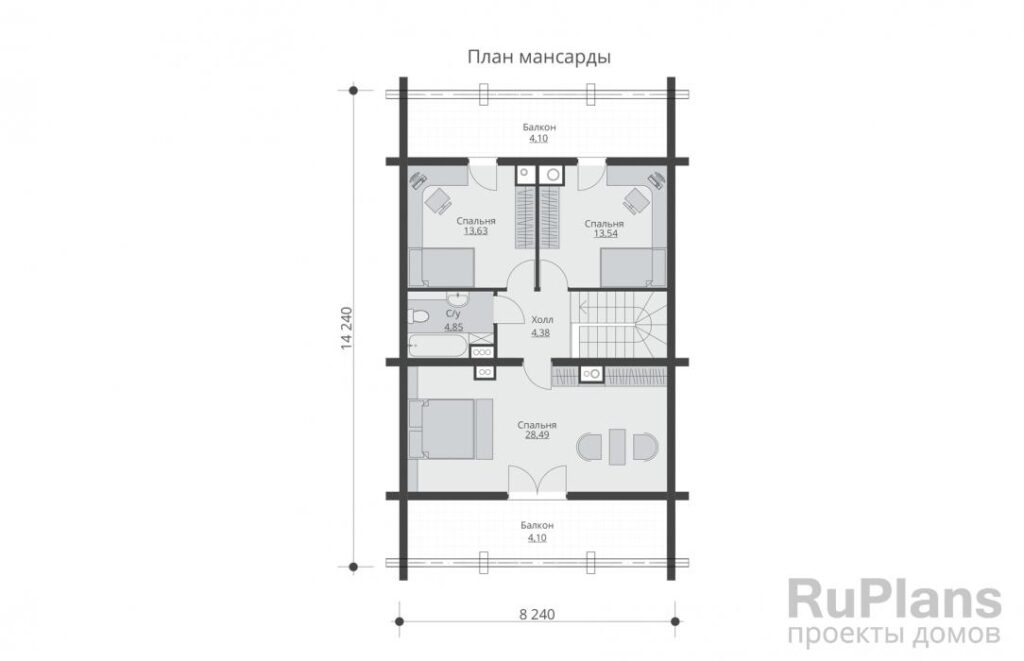 Планировка Одноэтажный дом с мансардой, террасами и балконами Rg5432