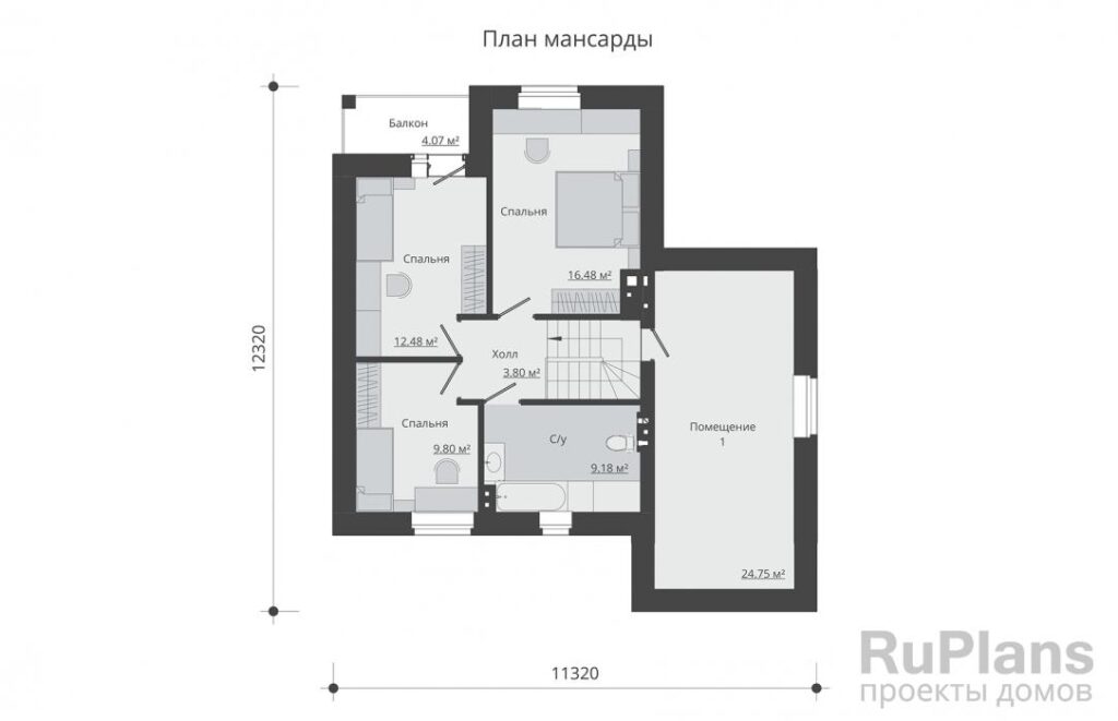 Планировка Одноэтажный дом с мансардой, гаражом, террасой и балконом Rg5176