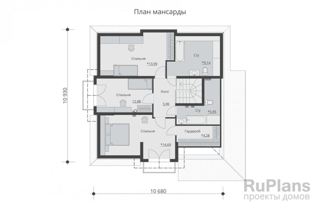 Планировка Одноэтажный дом с мансардой, гаражом, террасой и балконами Rg5099