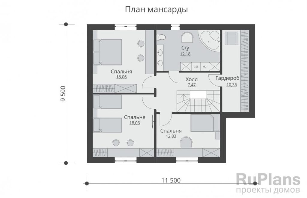 Планировка Проект одноэтажного жилого дома с мансардой Rg5130