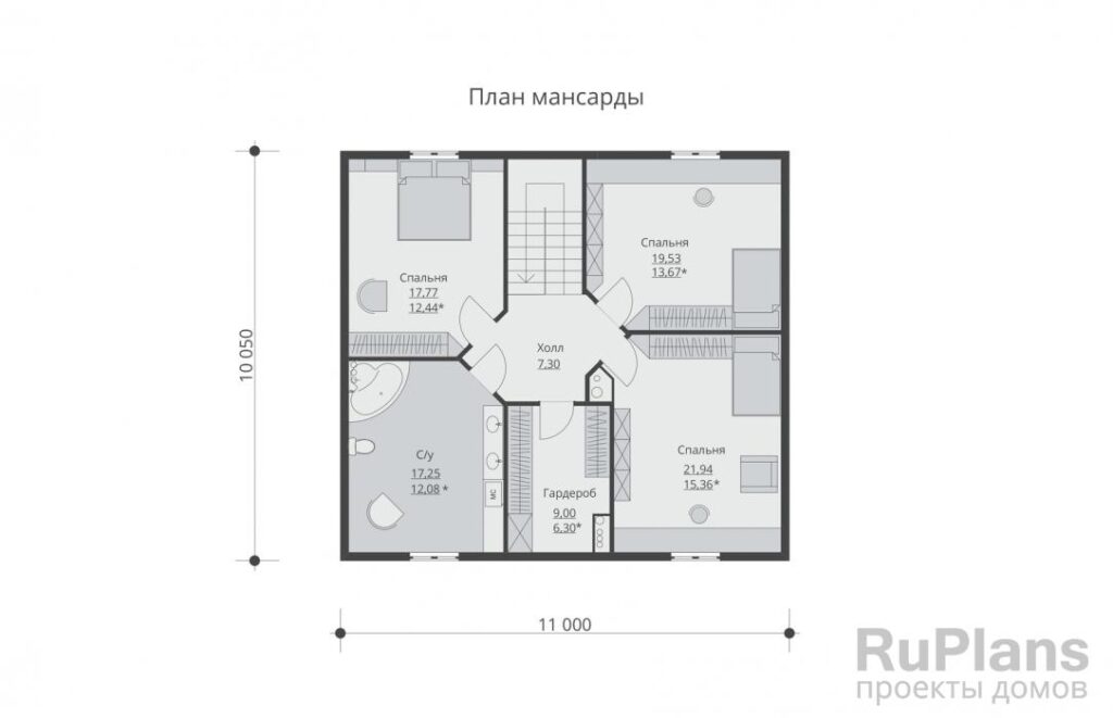Планировка Одноэтажный дом с мансардой и террасой Rg5294