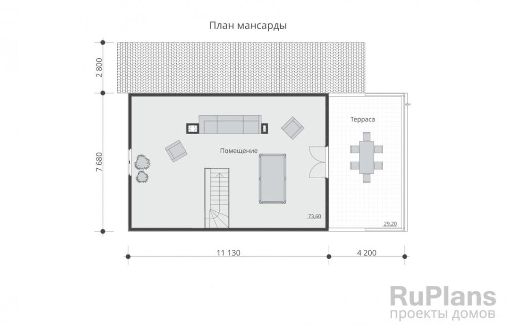 Планировка Проект одноэтажного дома с мансардой и террасами Rg5897