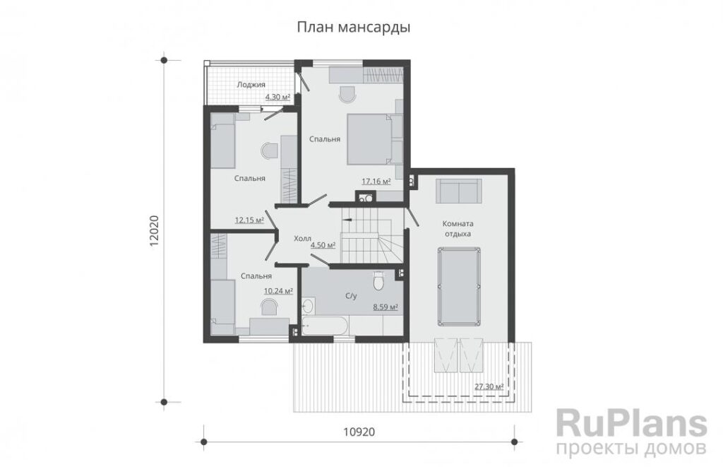 Планировка Одноэтажный дом с мансардой, гаражом, верандой и лоджией Rg5305