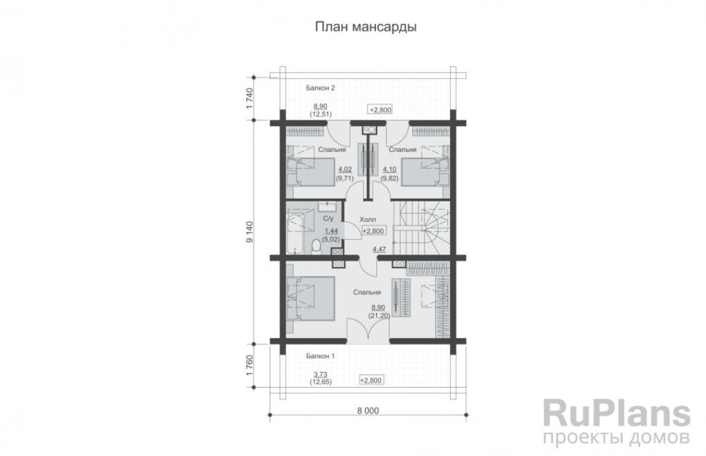 Планировка Одноэтажный дом с мансардой и двумя балконами Rg6372